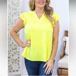 New Dear Scarlett Neon Yellow Ruffle Sleeves Wrinkle Free Lizzy Top Sz Large